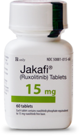 Image of bottle of Jakafi® ruxolitinib (tablets) – 15 mg.