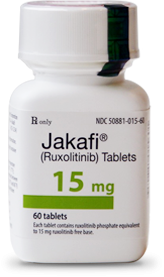 Image of bottle of Jakafi® ruxolitinib (tablets) – 15 mg.