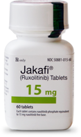 Image of bottle of Jakafi® ruxolitinib (tablets) – 15 mg.