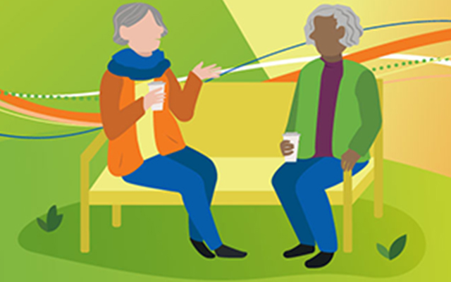 Graphic of two women sitting on a park bench and talking.