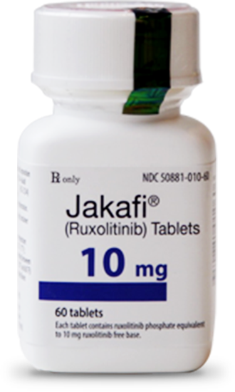Image of bottle of Jakafi® ruxolitinib (tablets) – 10 mg.