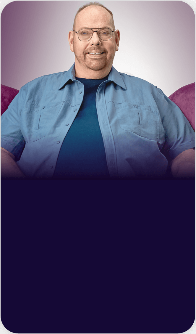 Image of Chuck, "The Advocator" from The Purple Chair video – with text – Taking Jakafi for PV since 2020.