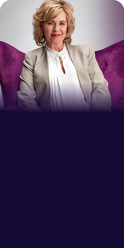 Image of Donna, "The Communicator" from The Purple Chair video – with text – Taking Jakafi for PV since 2020.