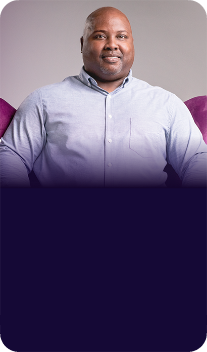Image of Mark, "The Coach" from The Purple Chair video – with text – Taking Jakafi for Intermediate-Risk MF since 2017.