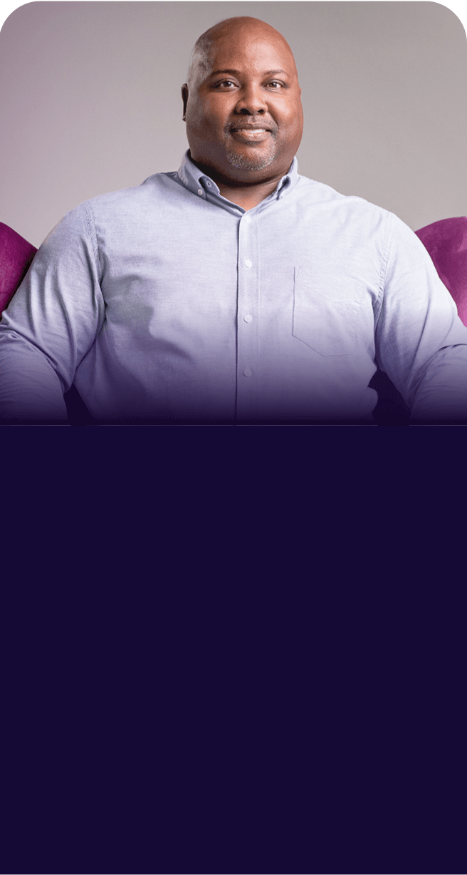 Image of Mark, "The Coach" from The Purple Chair video – with text – Taking Jakafi for Intermediate-Risk MF since 2017.