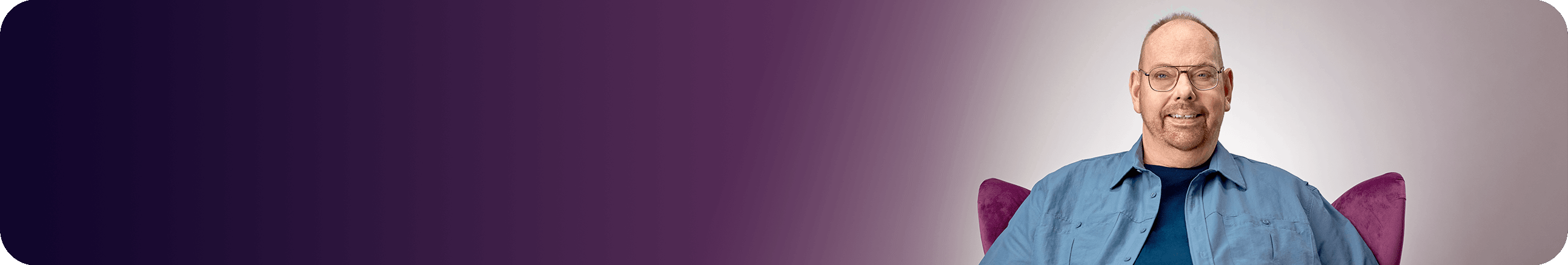 Image of Chuck, "The Advocator" from The Purple Chair video – with text – Taking Jakafi for PV since 2020.