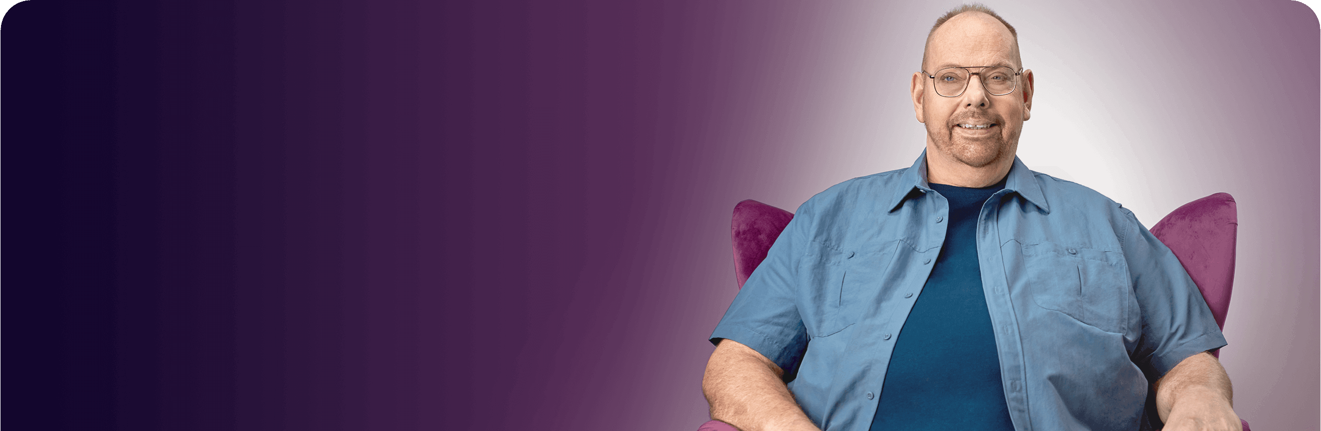 Image of Chuck, "The Advocator" from The Purple Chair video – with text – Taking Jakafi for PV since 2020.