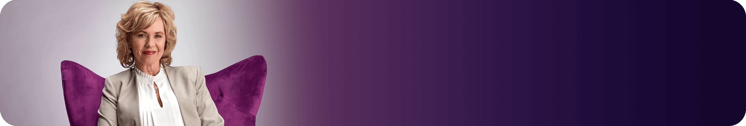 Image of Donna, "The Communicator" from The Purple Chair video – with text – Taking Jakafi for PV since 2020.