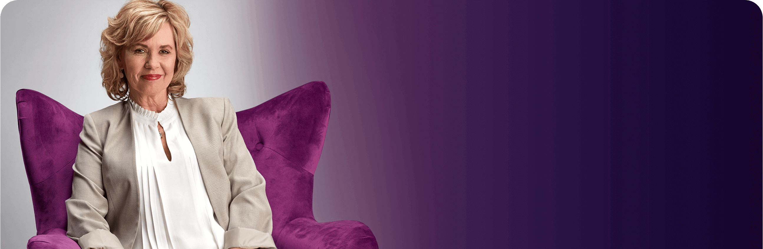 Image of Donna, "The Communicator" from The Purple Chair video – with text – Taking Jakafi for PV since 2020.