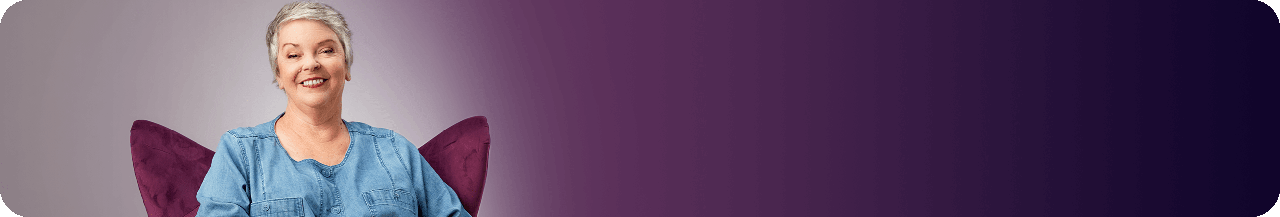 Image of Tami, "The Forward Thinker" from The Purple Chair video – with text – Taking Jakafi for High-Risk MF since 2015.
