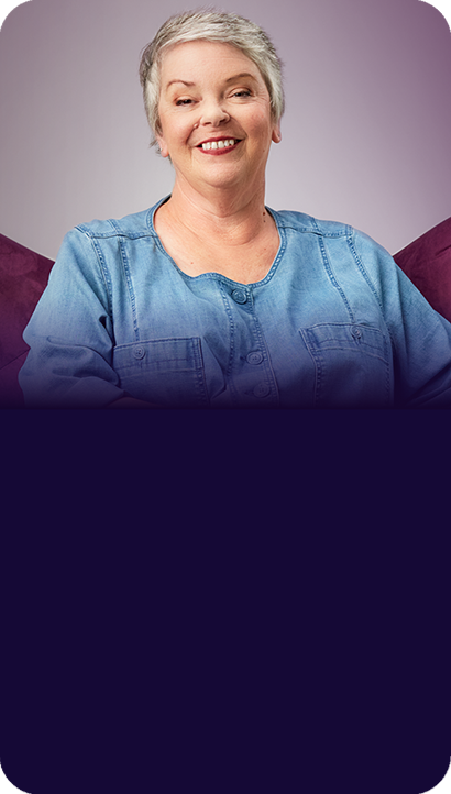Image of Tami, "The Forward Thinker" from The Purple Chair video – with text – Taking Jakafi for High-Risk MF since 2015.