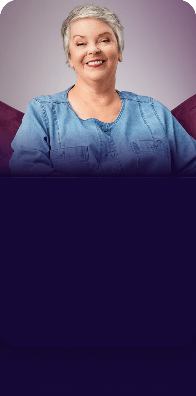 Image of Tami, "The Forward Thinker" from The Purple Chair video – with text – Taking Jakafi for High-Risk MF since 2015.